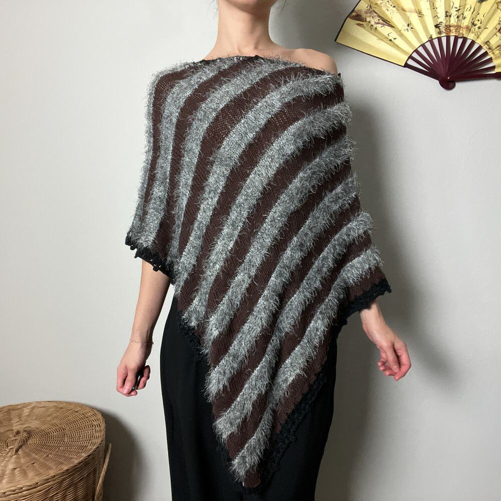 y2k vintage brown fuzzy striped boho poncho sweater top
